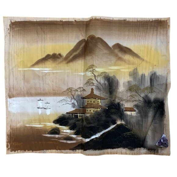 MCM Pair of Hand-Painted Asian Silk Painting: Mt. Fuji, Pagodas, Trees Signed - Picture 5 of 6